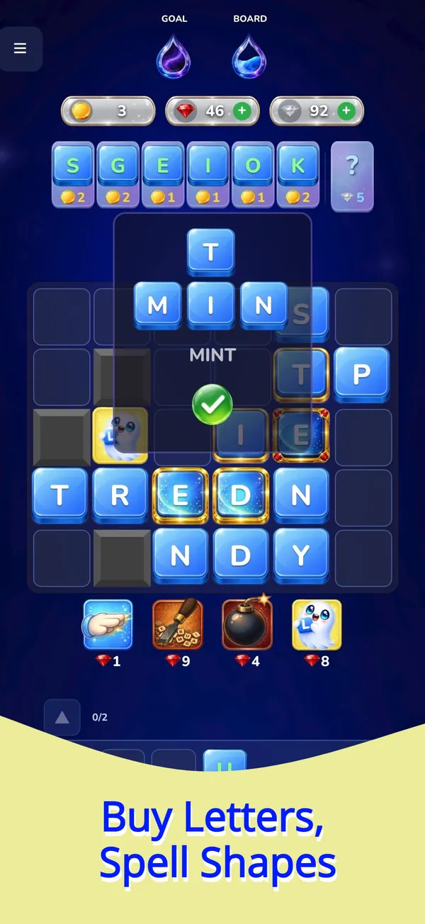 Spelling MINT in Lexomino: the word becomes a T-shaped block over the board, with the letter market above.