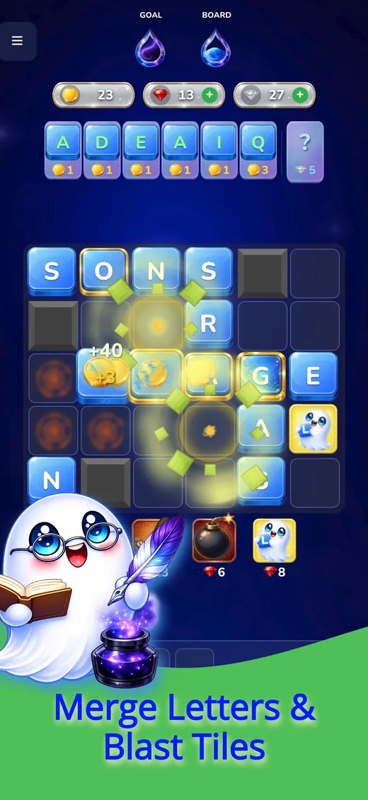 Merging letters on the board sets off a blast that clears nearby tiles, with Lexo the ghost reading a book.