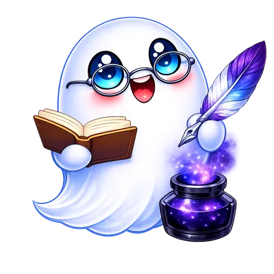 Lexo the ghost with a book and a quill